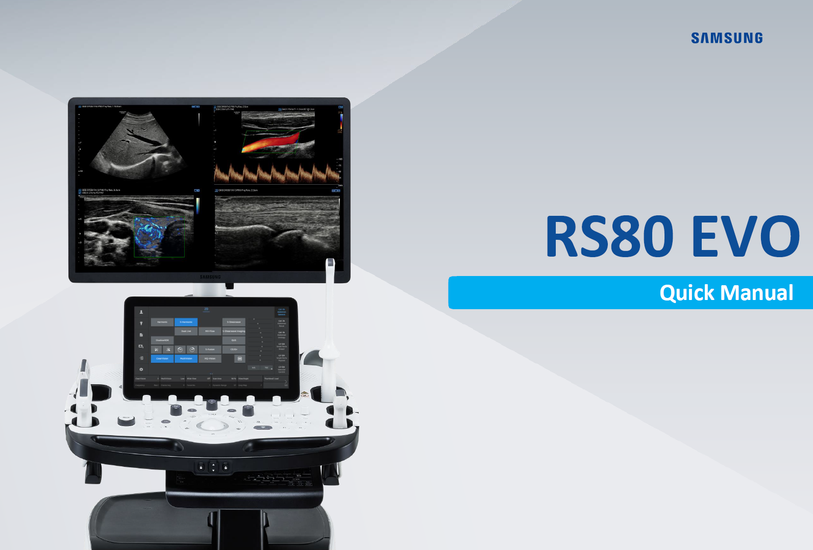 Quick manual for Samsung RS80 EVO ultrasound machine with instructions on scanning workflow, image review, and system setup