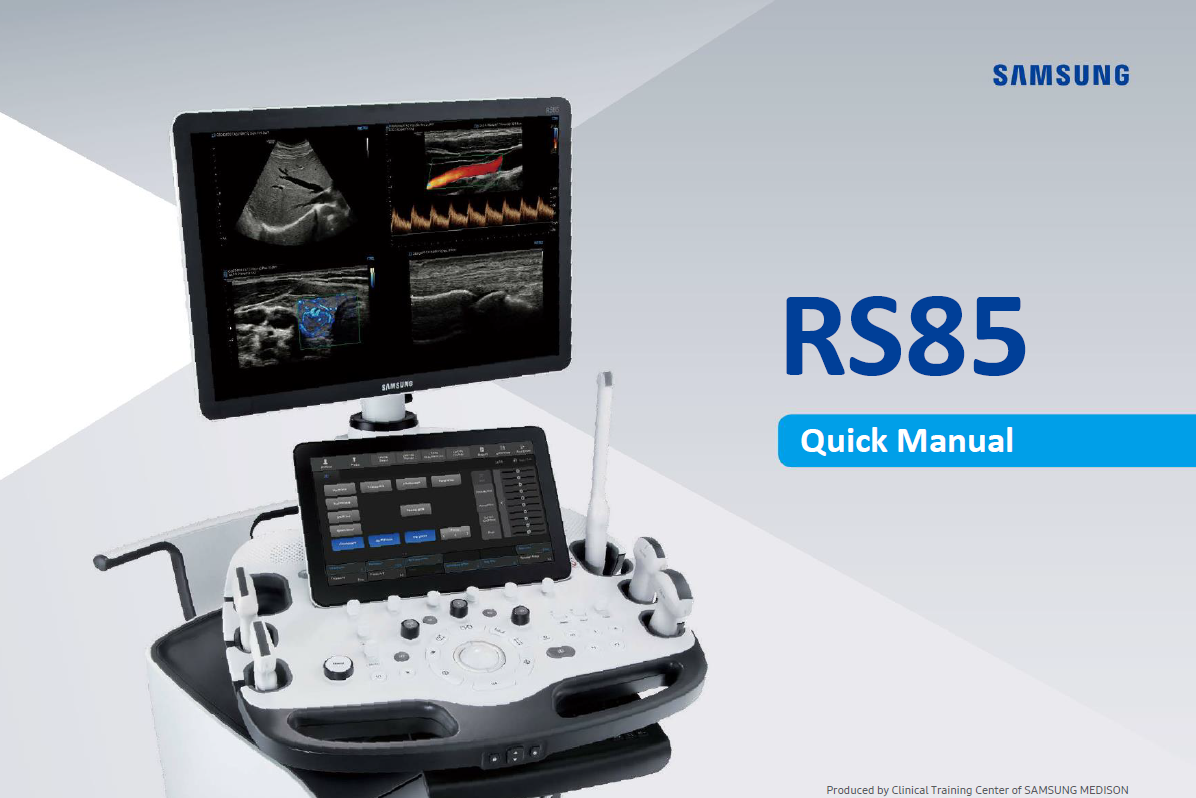 Quick start manual for Samsung RS85 ultrasound machine showing device interface and controls.