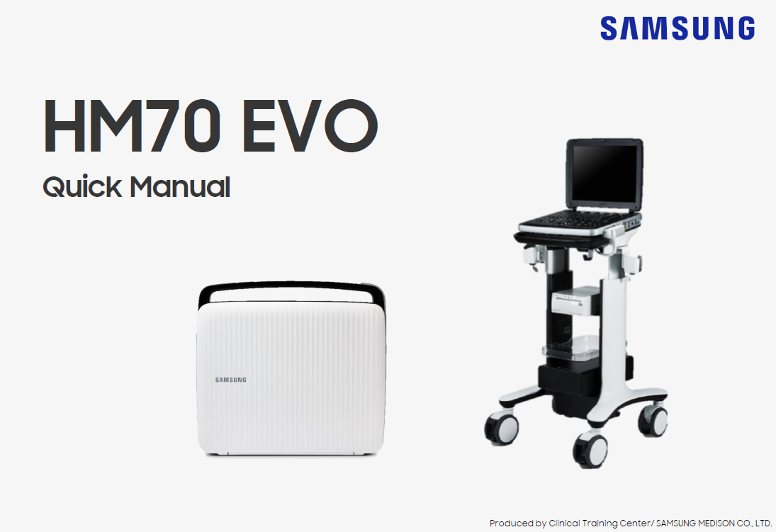 Quick start manual for Samsung HM70 EVO ultrasound machine with instructions on scanning, presets, and image review