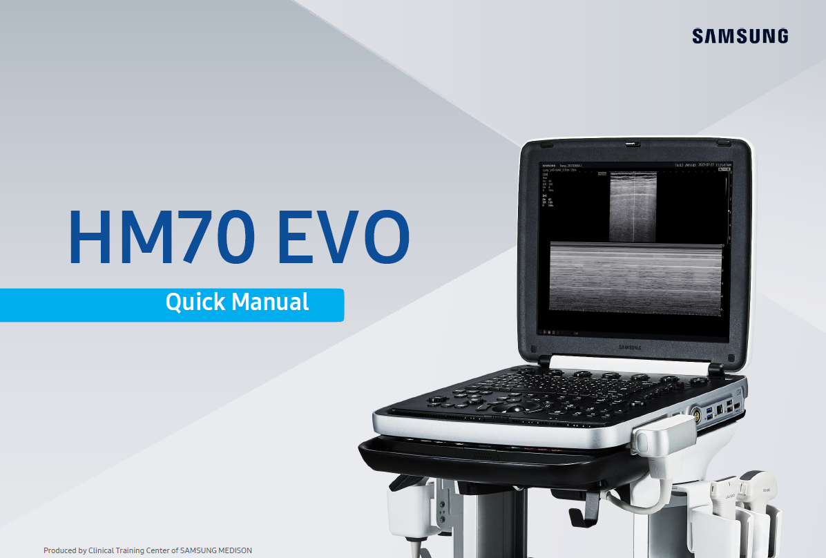 Quick start manual for Samsung HM70 EVO ultrasound machine covering scanning workflow, Needle Mate+, SonoView, and export features