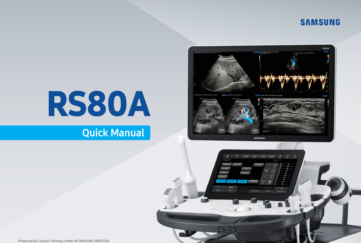 Quick start manual for Samsung RS80A ultrasound machine with setup instructions, probe presets, and SonoView image management