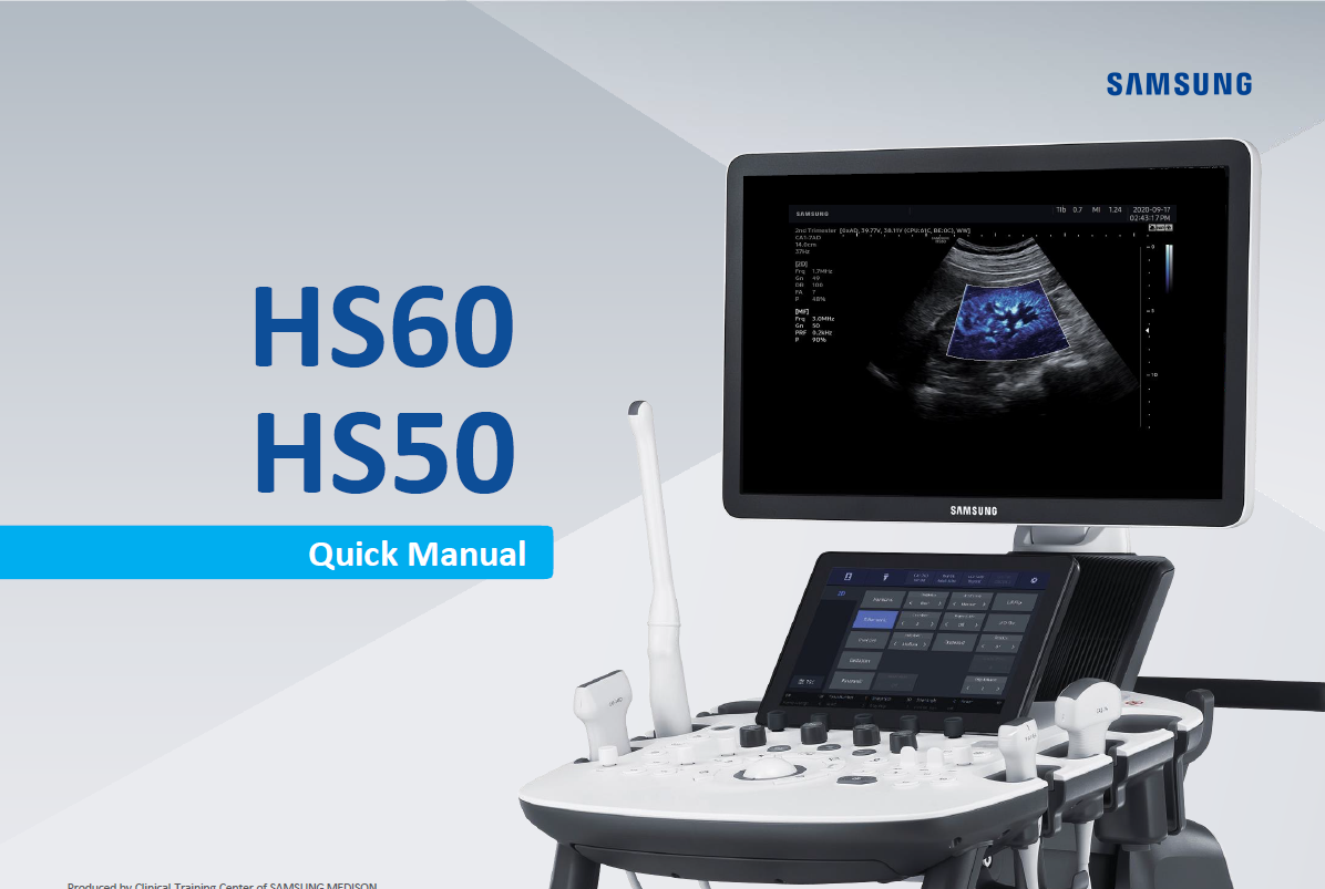 Quick start manual for Samsung HS60 and HS50 ultrasound machines with instructions on scanning, presets, and image management