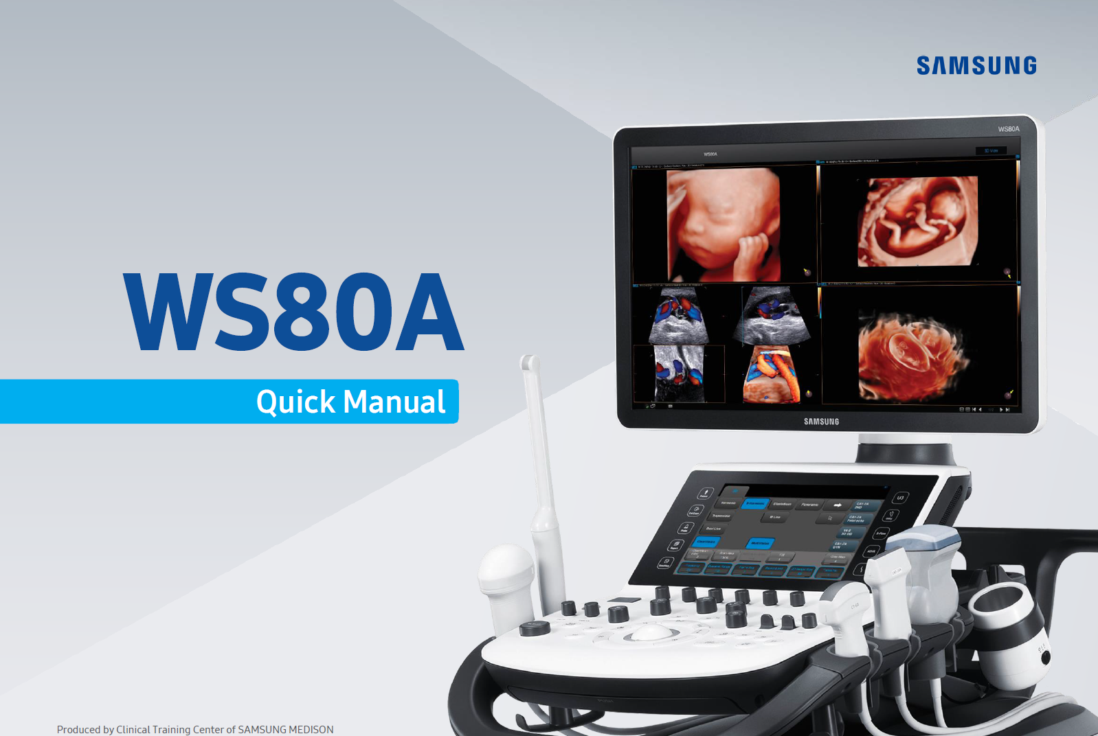 Quick start manual for Samsung WS80A ultrasound machine with instructions on how to use scanning, presets, and image export
