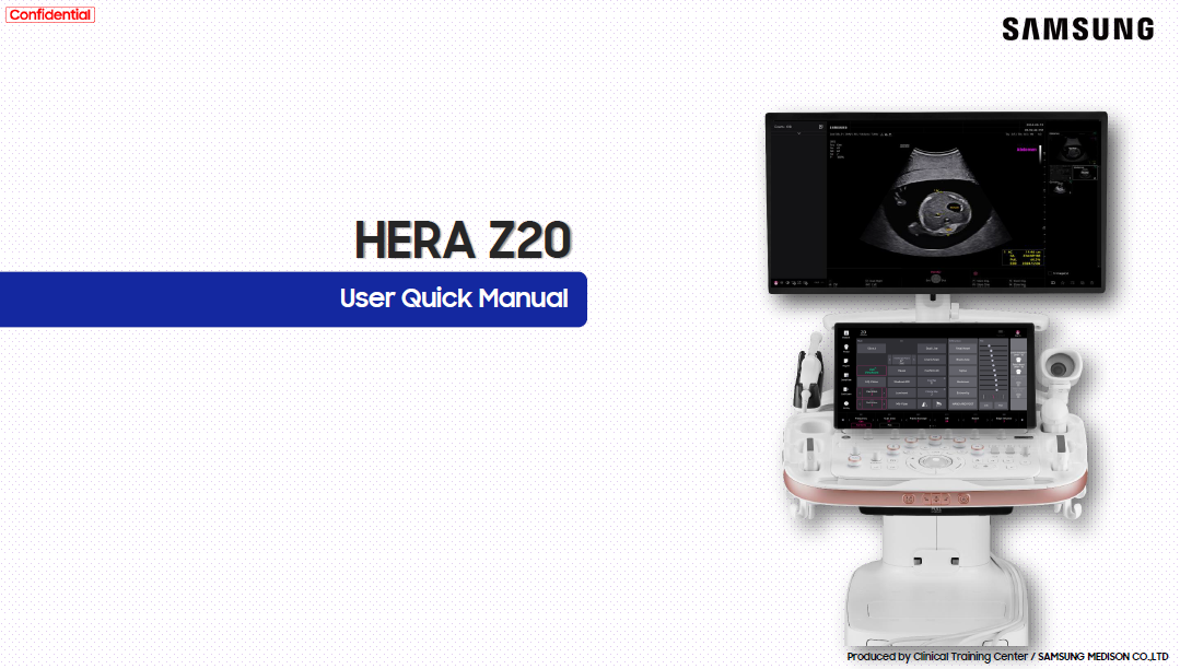 Quick start manual for Samsung HERA Z20 ultrasound machine with MyHERA, scanning, presets, and image management instructions