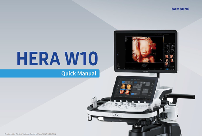 Quick start manual for HERA W10 Elite ultrasound system showing device interface and clinical applications.