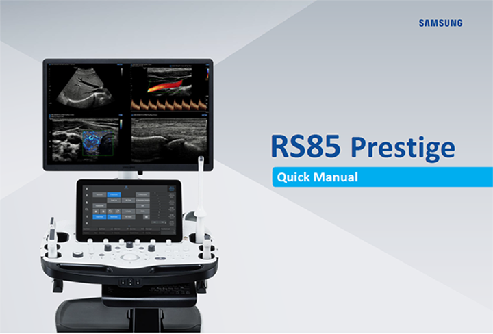 Quick start manual for Samsung RS85 Prestige ultrasound machine with setup instructions, scan modes, and SonoView image export features